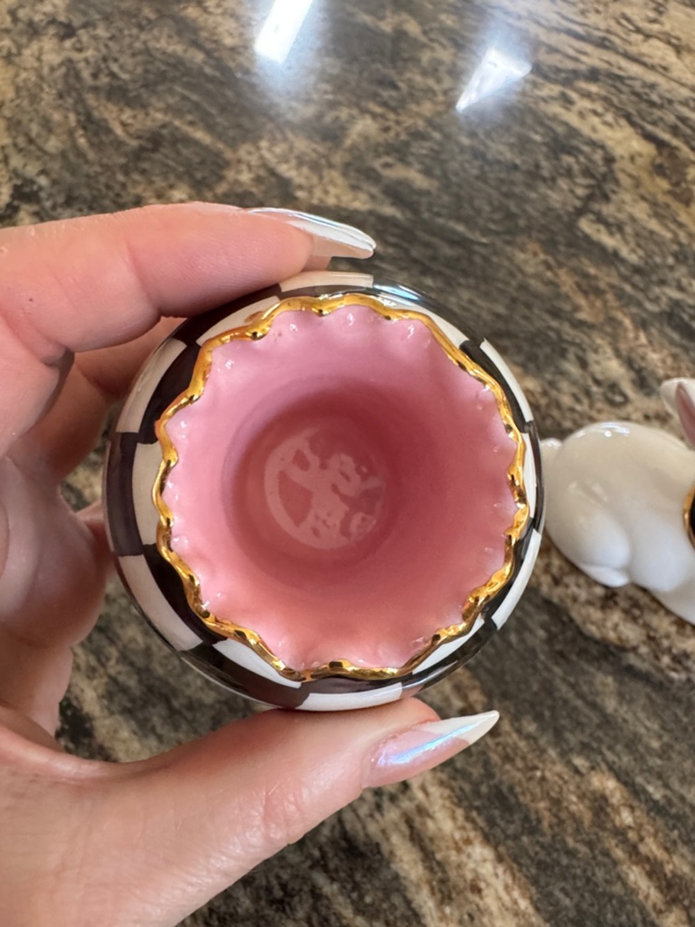 Mackenzie Childs Toothpick Egg with Pink Interior and White Bunny Figurine - Picture 4 of 5
